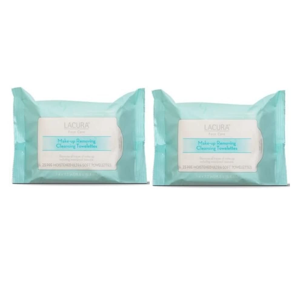 Lacura Face Care Make-Up Removing Cleansing Towelettes 7.4 x7.2in 18.8 x 18.3cm 25ct (Two Bags)