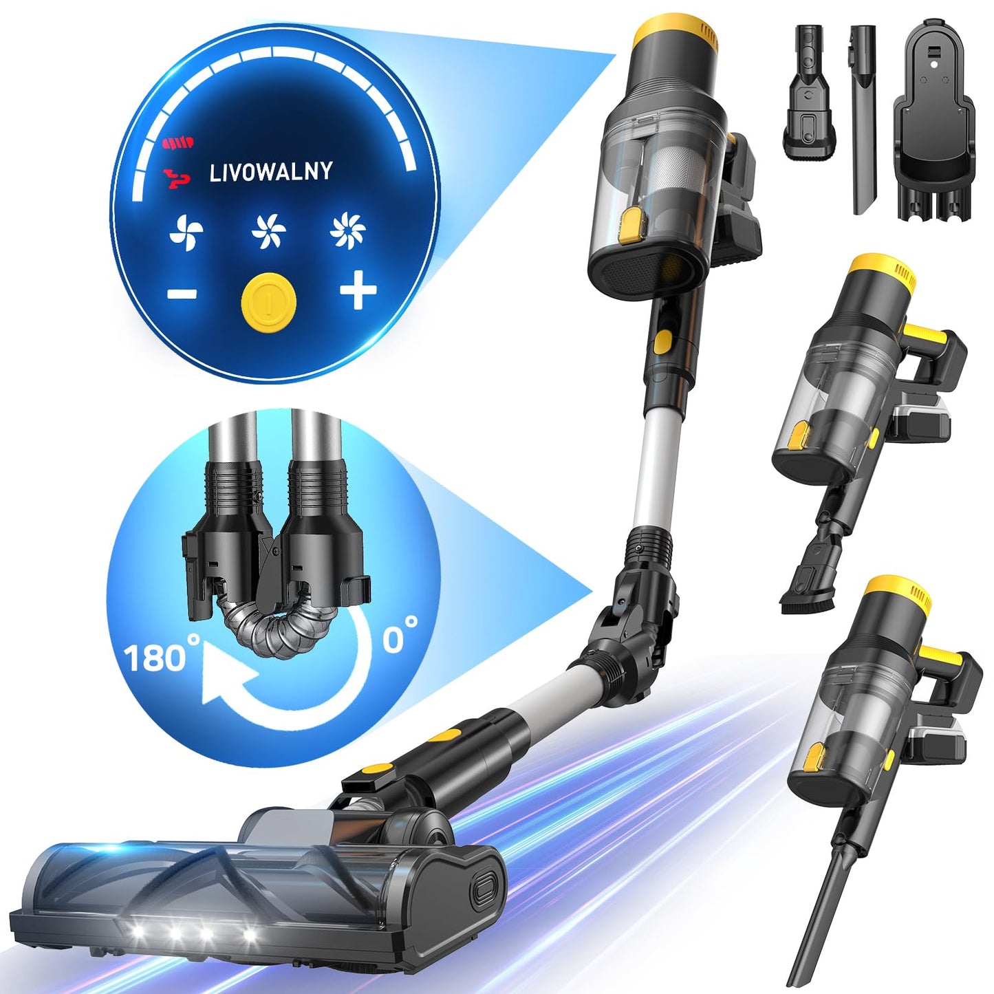 350W Cordless Vacuum Cleaner for DeWALT 20v Battery(No Battery) 40KPA Self-Standing Stick Vacuum with Touch Screen Double Dust Cup 180° Bendable Wand Vacuum Cleaner for Home Hard Floor Pet Carpet