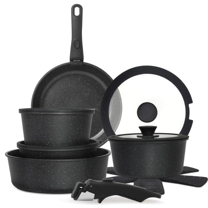 Cuisinluv 15PCS Pots and Pans Set Non Stick Kitchen Cookware Sets with Detachable Handle Ceramic Cookware Sets Non Stick RV Cookware Cooking Set Dishwasher ＆ Oven Safe PFOA Free Black