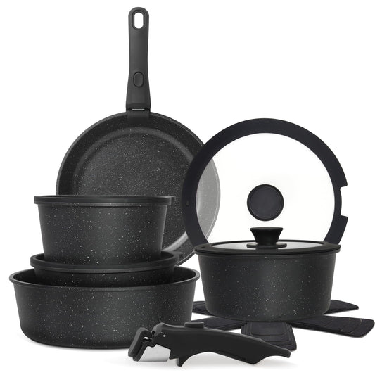 Cuisinluv 15PCS Pots and Pans Set Non Stick Kitchen Cookware Sets with Detachable Handle Ceramic Cookware Sets Non Stick RV Cookware Cooking Set Dishwasher ＆ Oven Safe PFOA Free Black