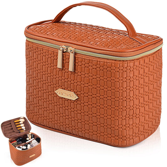 CaCTOUR Make Up Bags for WomenPortable Cosmetic Organizer BagLarge Makeup Organizer Bag Travel with Brush Storage (Brown)