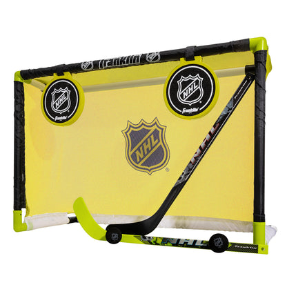 Franklin Sports Mini Hockey Goal Set - Indoor Knee Hockey Goal + (2) Shinny Hockey Sticks - (2) Mini Foam Hockey Balls + Pop Out Shooting Targets - All Star Yellow 32" X 21" X 12"