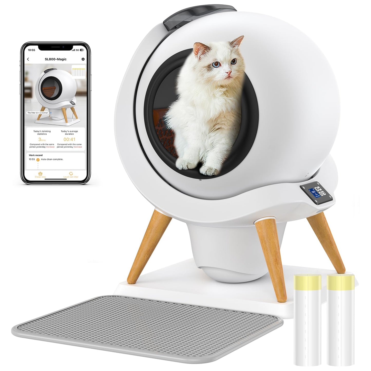 HoneyGuaridan Self Cleaning Cat Litter Box Automatic Cat Litter Box APP Control Health Monitoring for Multiple Cats Anti-Pinch/Odor-Removal Design Dual Power Supply with 2 Rolls Garbage Bags/Mats