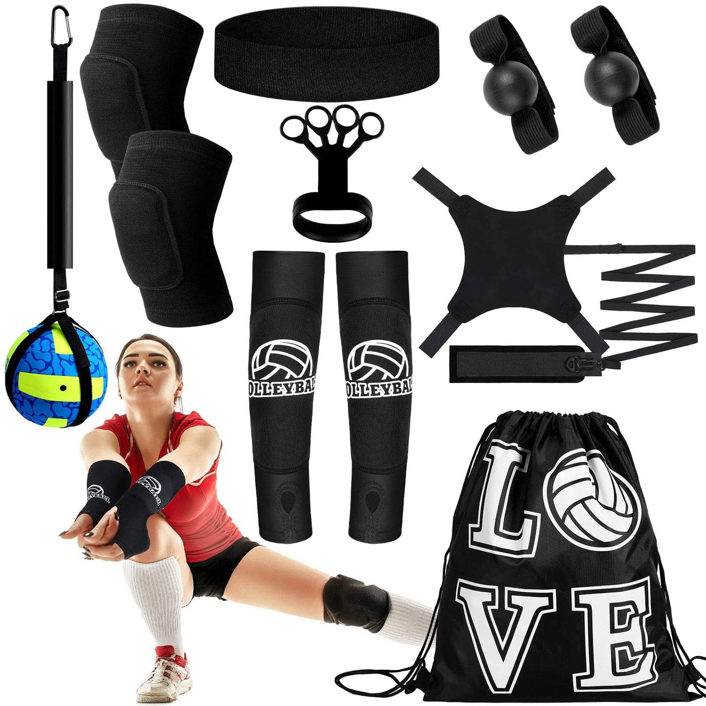 Wettarn 8 Set Volleyball Training Equipment Aid Solo Volleyball Trainer Kit Include Elastic Volleyball Resistance Belt Set Volleyball Spike Trainer Hand Straps Arm Sleeves Knee Pads Backpack Headband