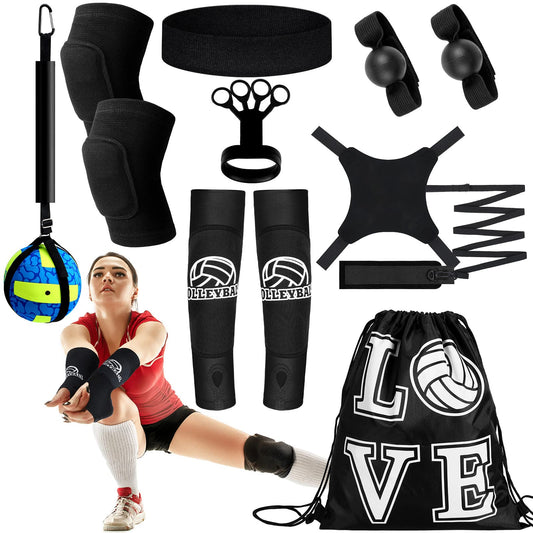 Wettarn 8 Set Volleyball Training Equipment Aid Solo Volleyball Trainer Kit Include Elastic Volleyball Resistance Belt Set Volleyball Spike Trainer Hand Straps Arm Sleeves Knee Pads Backpack Headband