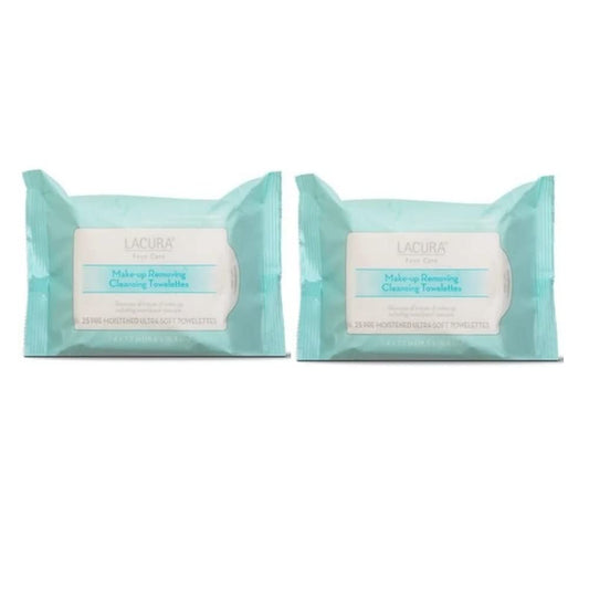 Lacura Face Care Make-Up Removing Cleansing Towelettes 7.4 x7.2in 18.8 x 18.3cm 25ct (Two Bags)