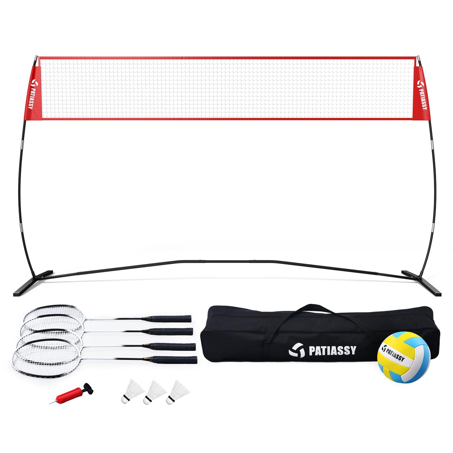 Patiassy 14ft Freestanding Volleyball Practice Net for Indoor or Outdoor Use Height Adjustable Portable Volleyball Training Set for Backyard Driveway (Red with Volleyball and Badminton)