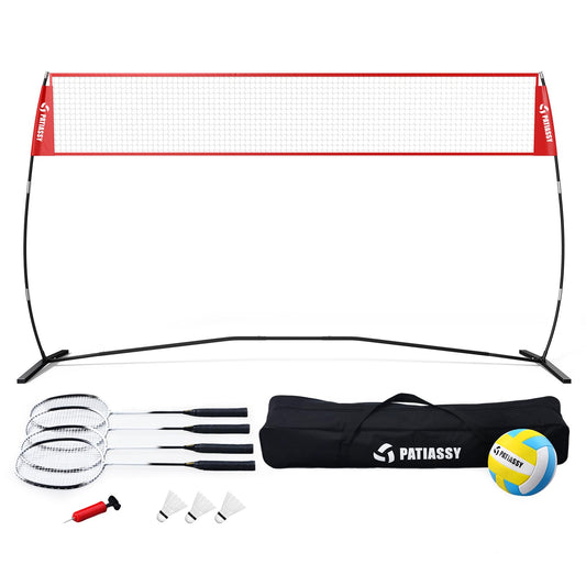 Patiassy 14ft Freestanding Volleyball Practice Net for Indoor or Outdoor Use Height Adjustable Portable Volleyball Training Set for Backyard Driveway (Red with Volleyball and Badminton)