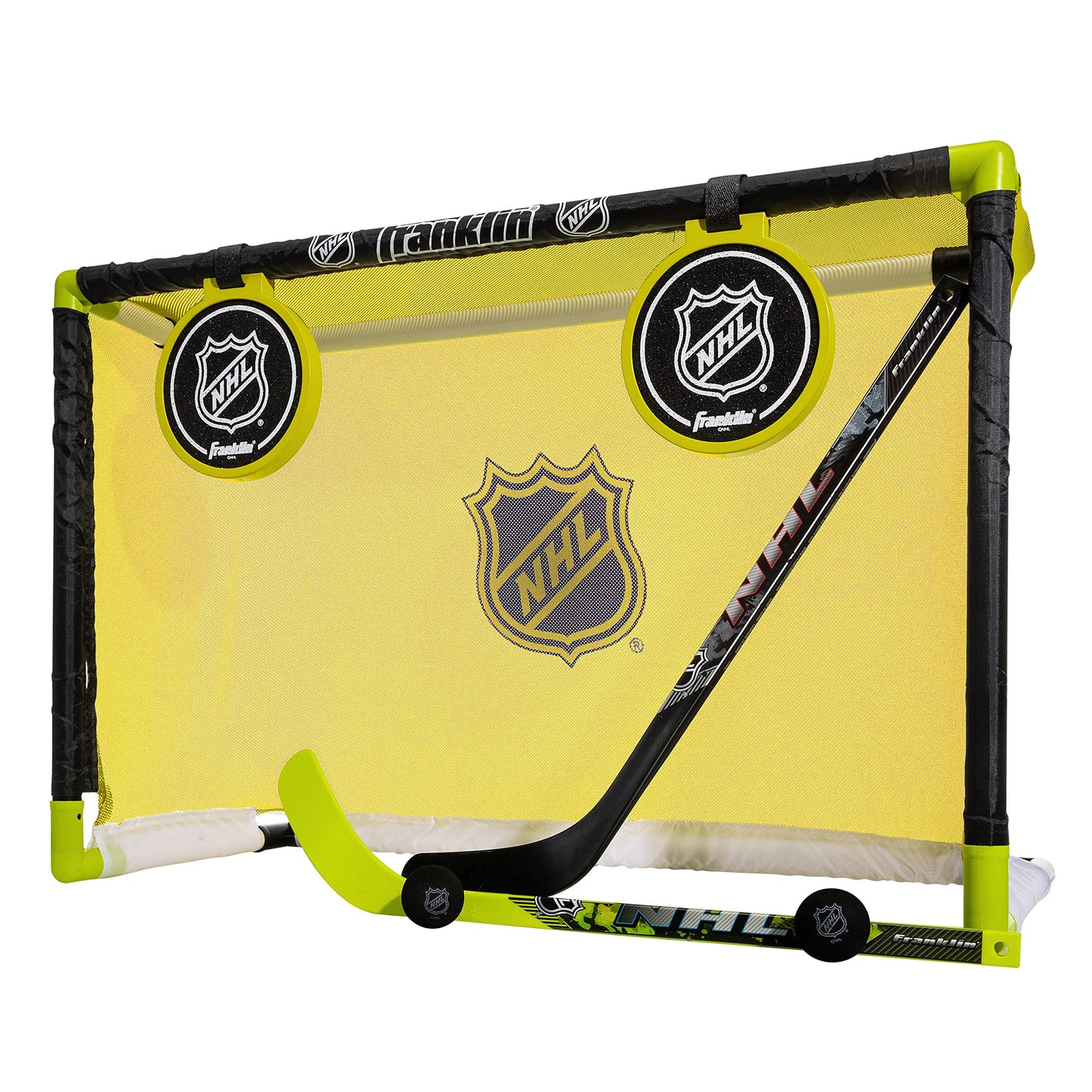 Franklin Sports Mini Hockey Goal Set - Indoor Knee Hockey Goal + (2) Shinny Hockey Sticks - (2) Mini Foam Hockey Balls + Pop Out Shooting Targets - All Star Yellow 32" X 21" X 12"