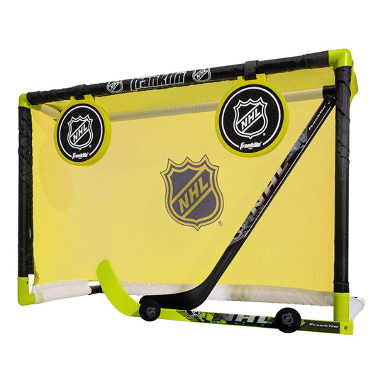 Franklin Sports Mini Hockey Goal Set - Indoor Knee Hockey Goal + (2) Shinny Hockey Sticks - (2) Mini Foam Hockey Balls + Pop Out Shooting Targets - All Star Yellow 32" X 21" X 12"