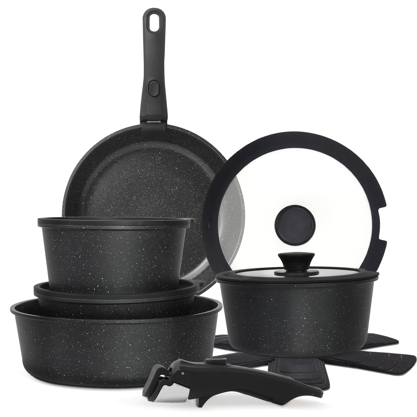 Cuisinluv 15PCS Pots and Pans Set Non Stick Kitchen Cookware Sets with Detachable Handle Ceramic Cookware Sets Non Stick RV Cookware Cooking Set Dishwasher ＆ Oven Safe PFOA Free Black