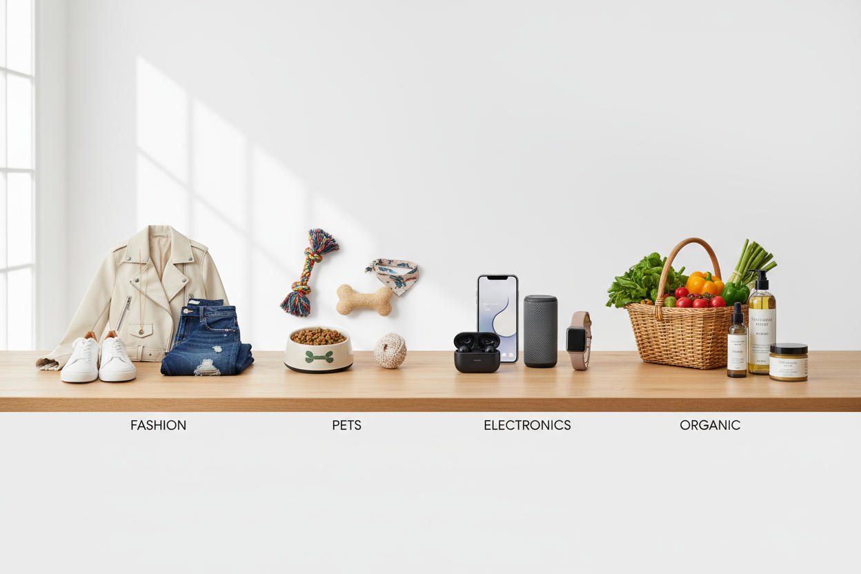 clothes, pets' items, electronics items, and organic products 